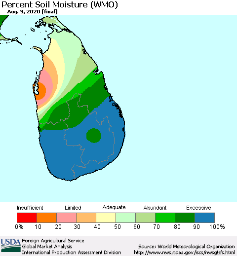Sri Lanka Percent Soil Moisture (WMO) Thematic Map For 8/3/2020 - 8/9/2020