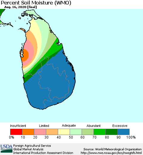 Sri Lanka Percent Soil Moisture (WMO) Thematic Map For 8/10/2020 - 8/16/2020