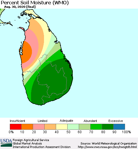 Sri Lanka Percent Soil Moisture (WMO) Thematic Map For 8/24/2020 - 8/30/2020