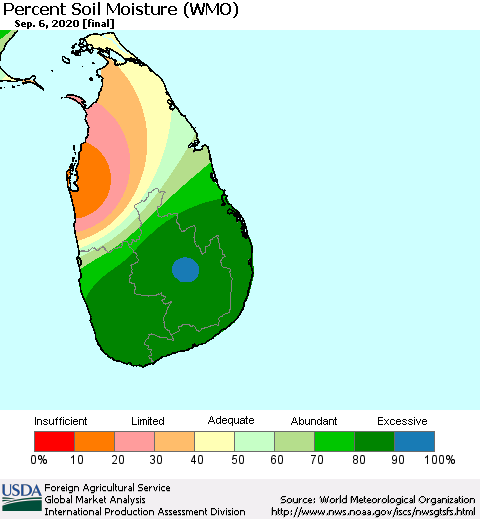 Sri Lanka Percent Soil Moisture (WMO) Thematic Map For 8/31/2020 - 9/6/2020