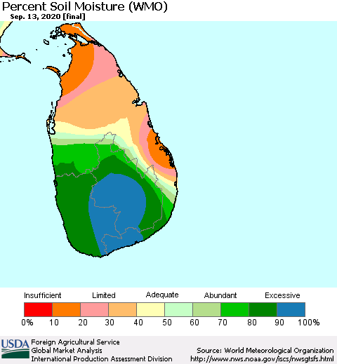 Sri Lanka Percent Soil Moisture (WMO) Thematic Map For 9/7/2020 - 9/13/2020