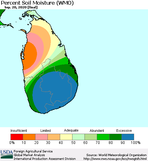 Sri Lanka Percent Soil Moisture (WMO) Thematic Map For 9/14/2020 - 9/20/2020