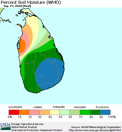 Sri Lanka Percent Soil Moisture (WMO) Thematic Map For 9/21/2020 - 9/27/2020