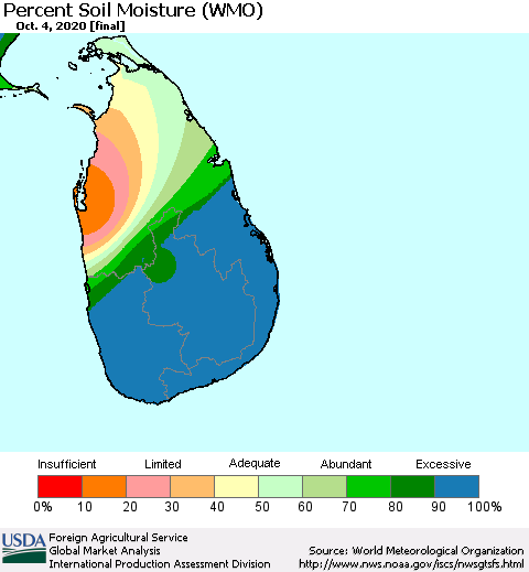 Sri Lanka Percent Soil Moisture (WMO) Thematic Map For 9/28/2020 - 10/4/2020