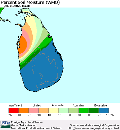 Sri Lanka Percent Soil Moisture (WMO) Thematic Map For 10/5/2020 - 10/11/2020