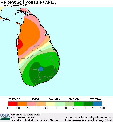 Sri Lanka Percent Soil Moisture (WMO) Thematic Map For 10/26/2020 - 11/1/2020