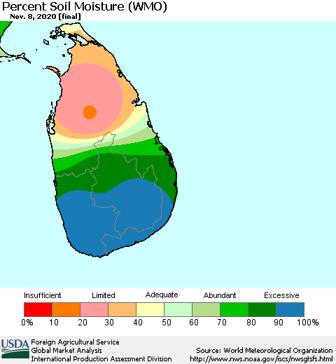 Sri Lanka Percent Soil Moisture (WMO) Thematic Map For 11/2/2020 - 11/8/2020