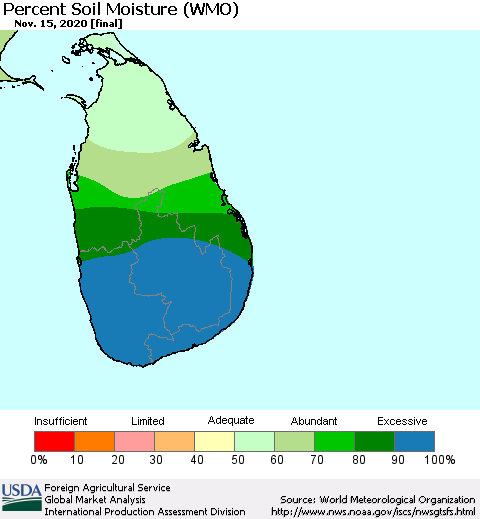 Sri Lanka Percent Soil Moisture (WMO) Thematic Map For 11/9/2020 - 11/15/2020