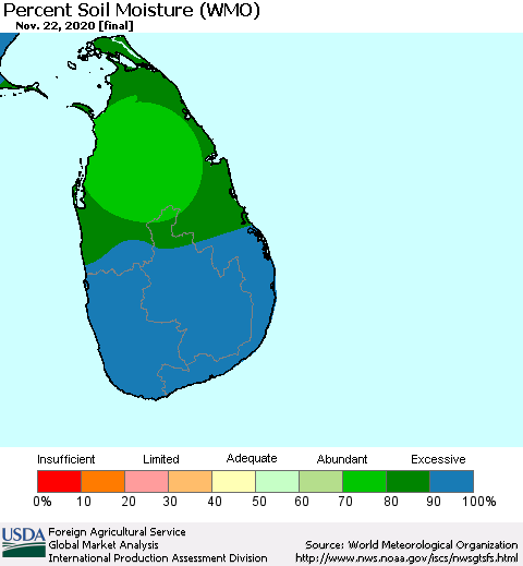 Sri Lanka Percent Soil Moisture (WMO) Thematic Map For 11/16/2020 - 11/22/2020