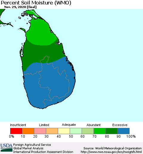 Sri Lanka Percent Soil Moisture (WMO) Thematic Map For 11/23/2020 - 11/29/2020