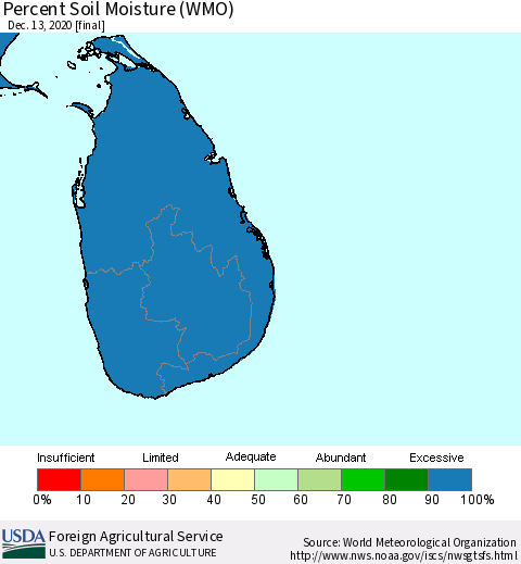 Sri Lanka Percent Soil Moisture (WMO) Thematic Map For 12/7/2020 - 12/13/2020