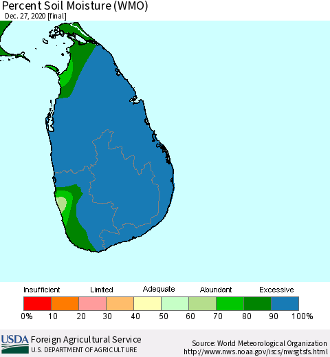Sri Lanka Percent Soil Moisture (WMO) Thematic Map For 12/21/2020 - 12/27/2020