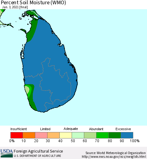 Sri Lanka Percent Soil Moisture (WMO) Thematic Map For 12/28/2020 - 1/3/2021