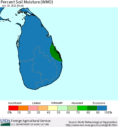 Sri Lanka Percent Soil Moisture (WMO) Thematic Map For 1/4/2021 - 1/10/2021