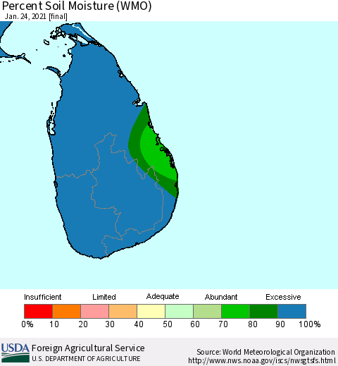 Sri Lanka Percent Soil Moisture (WMO) Thematic Map For 1/18/2021 - 1/24/2021