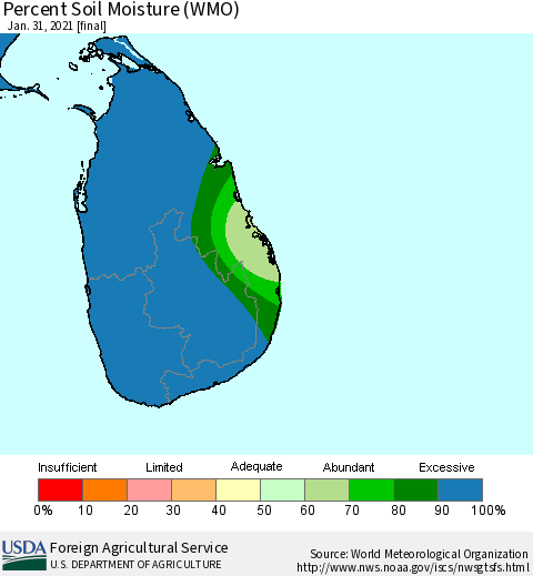Sri Lanka Percent Soil Moisture (WMO) Thematic Map For 1/25/2021 - 1/31/2021