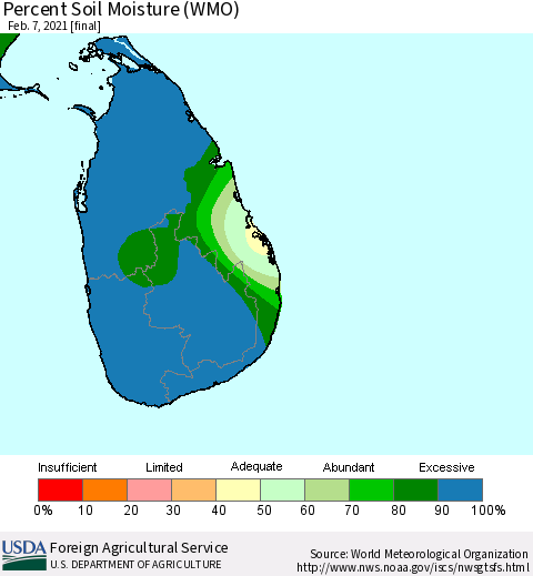 Sri Lanka Percent Soil Moisture (WMO) Thematic Map For 2/1/2021 - 2/7/2021