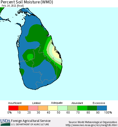 Sri Lanka Percent Soil Moisture (WMO) Thematic Map For 2/8/2021 - 2/14/2021
