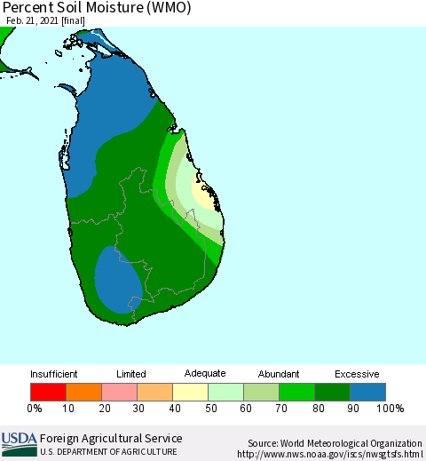 Sri Lanka Percent Soil Moisture (WMO) Thematic Map For 2/15/2021 - 2/21/2021