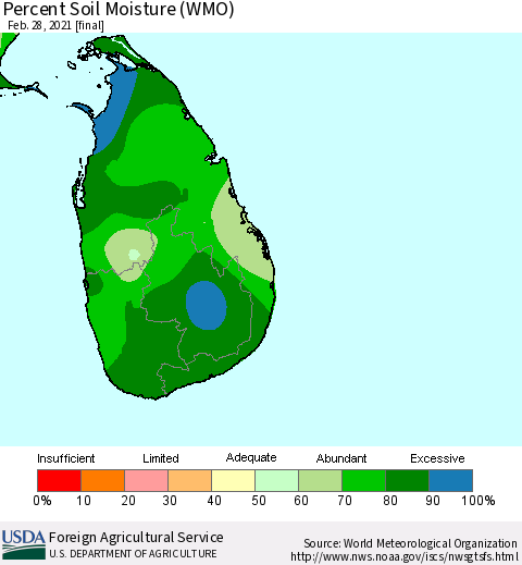 Sri Lanka Percent Soil Moisture (WMO) Thematic Map For 2/22/2021 - 2/28/2021