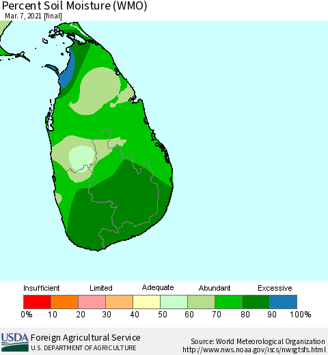 Sri Lanka Percent Soil Moisture (WMO) Thematic Map For 3/1/2021 - 3/7/2021