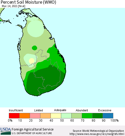 Sri Lanka Percent Soil Moisture (WMO) Thematic Map For 3/8/2021 - 3/14/2021