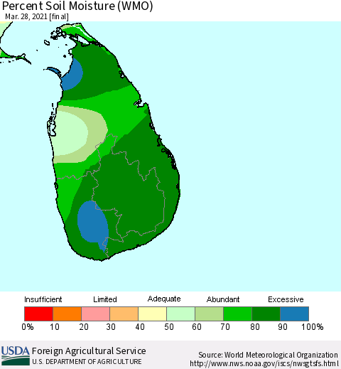 Sri Lanka Percent Soil Moisture (WMO) Thematic Map For 3/22/2021 - 3/28/2021