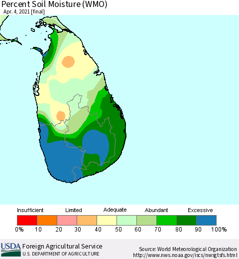Sri Lanka Percent Soil Moisture (WMO) Thematic Map For 3/29/2021 - 4/4/2021