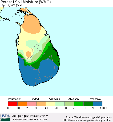 Sri Lanka Percent Soil Moisture (WMO) Thematic Map For 4/5/2021 - 4/11/2021