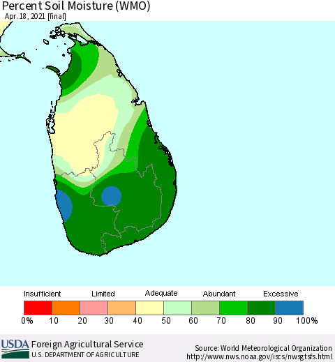 Sri Lanka Percent Soil Moisture (WMO) Thematic Map For 4/12/2021 - 4/18/2021