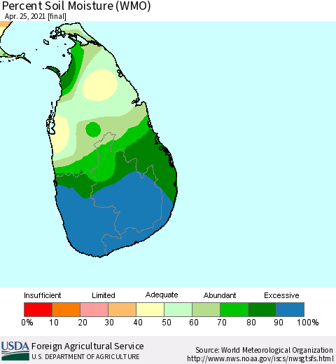 Sri Lanka Percent Soil Moisture (WMO) Thematic Map For 4/19/2021 - 4/25/2021
