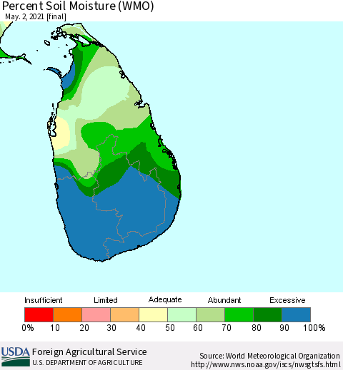 Sri Lanka Percent Soil Moisture (WMO) Thematic Map For 4/26/2021 - 5/2/2021