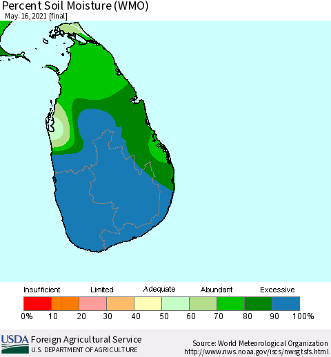 Sri Lanka Percent Soil Moisture (WMO) Thematic Map For 5/10/2021 - 5/16/2021