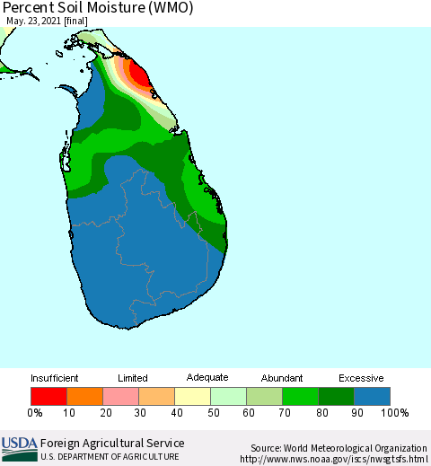 Sri Lanka Percent Soil Moisture (WMO) Thematic Map For 5/17/2021 - 5/23/2021