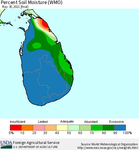 Sri Lanka Percent Soil Moisture (WMO) Thematic Map For 5/24/2021 - 5/30/2021