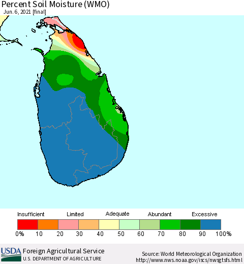 Sri Lanka Percent Soil Moisture (WMO) Thematic Map For 5/31/2021 - 6/6/2021