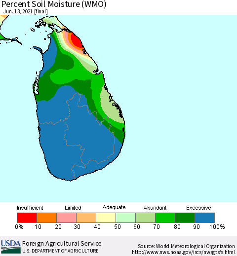 Sri Lanka Percent Soil Moisture (WMO) Thematic Map For 6/7/2021 - 6/13/2021