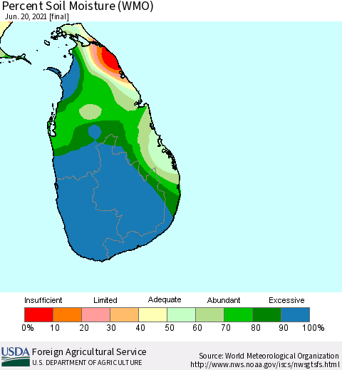 Sri Lanka Percent Soil Moisture (WMO) Thematic Map For 6/14/2021 - 6/20/2021