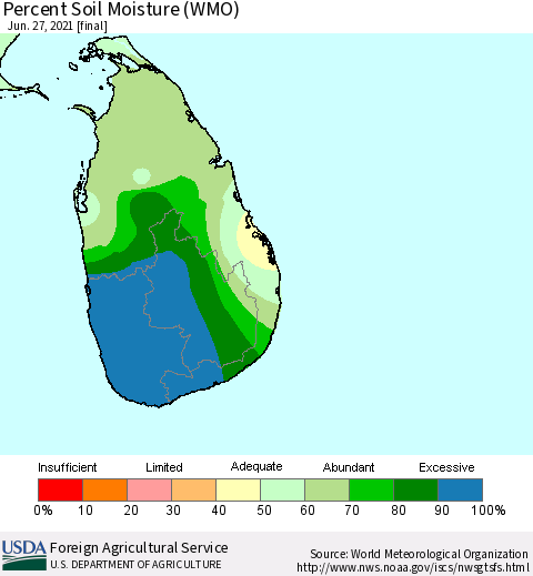 Sri Lanka Percent Soil Moisture (WMO) Thematic Map For 6/21/2021 - 6/27/2021