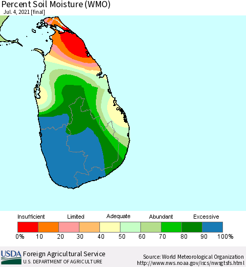 Sri Lanka Percent Soil Moisture (WMO) Thematic Map For 6/28/2021 - 7/4/2021