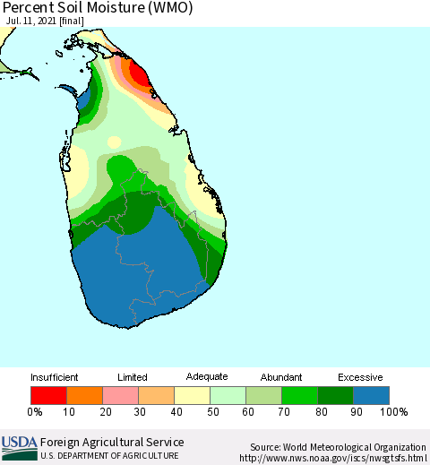 Sri Lanka Percent Soil Moisture (WMO) Thematic Map For 7/5/2021 - 7/11/2021