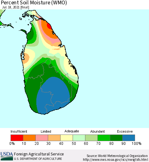 Sri Lanka Percent Soil Moisture (WMO) Thematic Map For 7/12/2021 - 7/18/2021