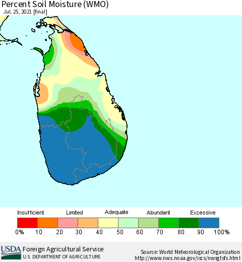 Sri Lanka Percent Soil Moisture (WMO) Thematic Map For 7/19/2021 - 7/25/2021