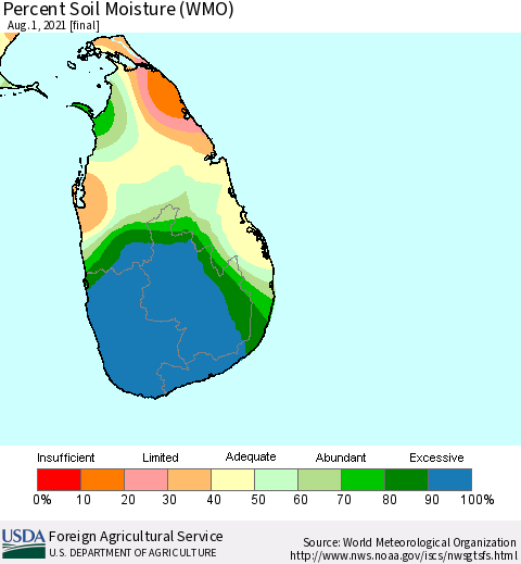 Sri Lanka Percent Soil Moisture (WMO) Thematic Map For 7/26/2021 - 8/1/2021