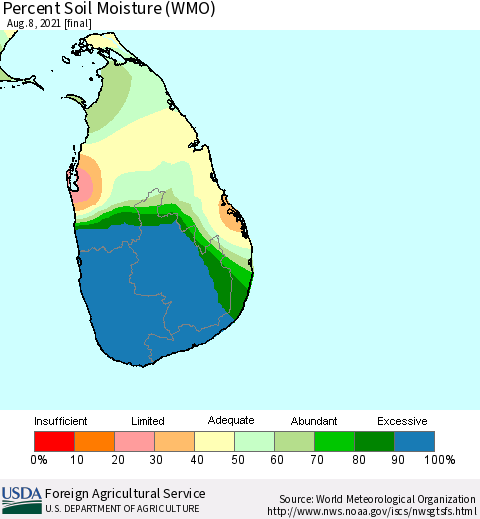Sri Lanka Percent Soil Moisture (WMO) Thematic Map For 8/2/2021 - 8/8/2021