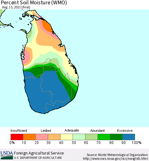 Sri Lanka Percent Soil Moisture (WMO) Thematic Map For 8/9/2021 - 8/15/2021