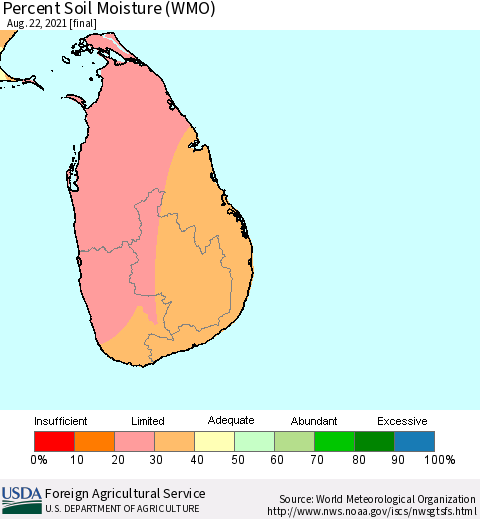 Sri Lanka Percent Soil Moisture (WMO) Thematic Map For 8/16/2021 - 8/22/2021
