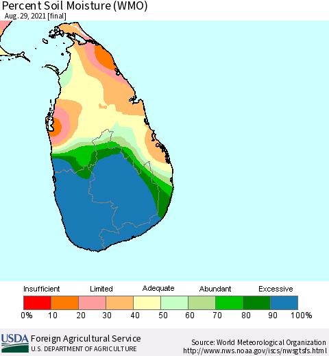 Sri Lanka Percent Soil Moisture (WMO) Thematic Map For 8/23/2021 - 8/29/2021