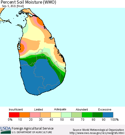 Sri Lanka Percent Soil Moisture (WMO) Thematic Map For 8/30/2021 - 9/5/2021