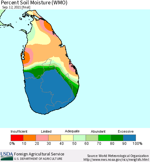 Sri Lanka Percent Soil Moisture (WMO) Thematic Map For 9/6/2021 - 9/12/2021